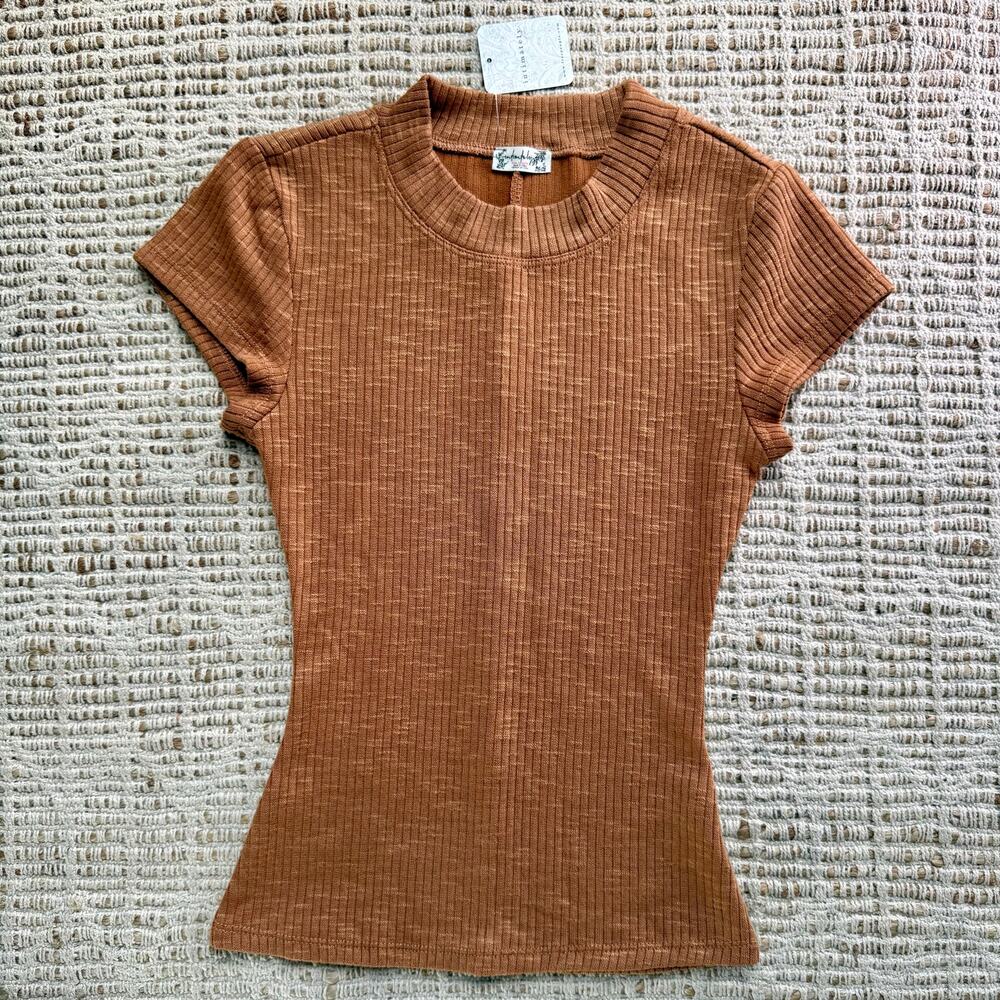 NWT Free People Intimately Ribbed MockNeck Fitted Tee XS Cinnamon Brown Baby Tee